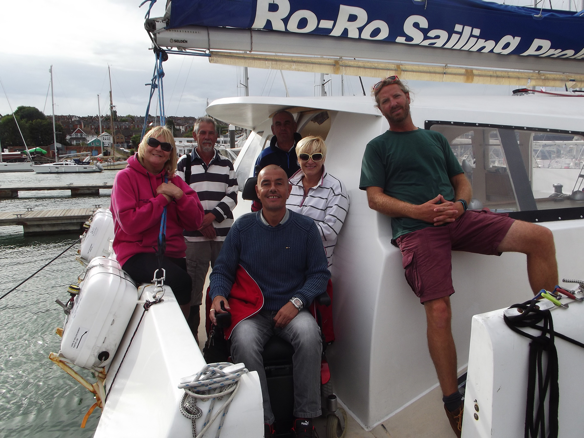 The crew on the first day sail: Bev Beadsworth, Collin Turner, Chris Darley (Mate), John Jemson, Kay Read, John Douglas (Skipper) and Robin Whitehead (on Camera).